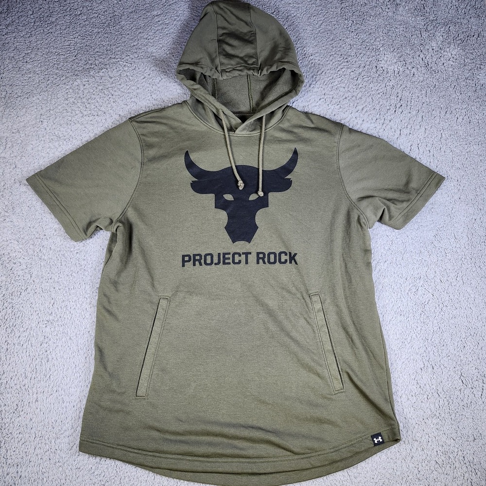 Under Armour Project Rock Shirt Mens Medium Green Hooded Charged Cotton Tee EUC